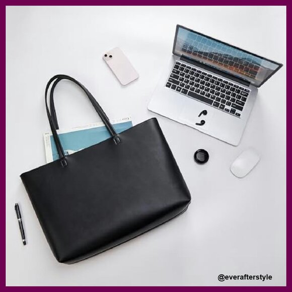 Faux Leather Tote Bag Zipper Shoulder Satchel Minimalist Chic Work Casual - Picture 5 of 7